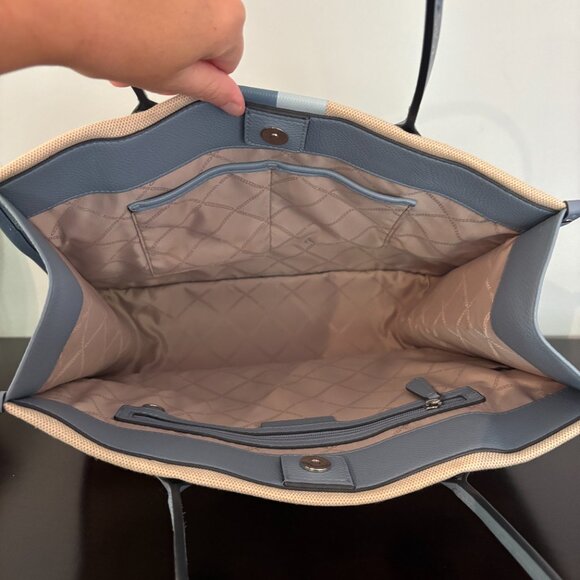 Michael Kors Heidi Large Ivory Light Blue Stripe Canvas Tote - Picture 12 of 13